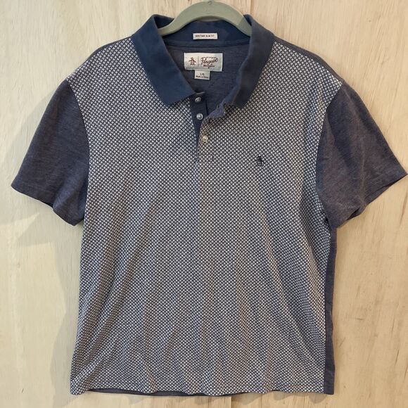 Penguin Brand Short Sleeve Polo Shirt top slim fit Mens Size Large blue grey - Picture 1 of 6